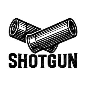 May include: Black and white illustration of two shotgun shells crossed over each other. The word "SHOTGUN" is printed in bold, block letters below the shells. The design is on a white background.