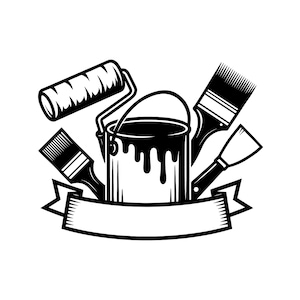 May include: A black and white graphic illustration featuring a central paint can with dripping paint, surrounded by a paint roller, two paint brushes, and a putty knife. Below the tools is a blank, curved banner for custom text placement.