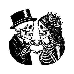 May include: A black and white graphic illustration of two skeletons facing each other. The skeleton on the left wears a top hat and suit jacket. The skeleton on the right has long hair adorned with two roses. Both skeletons form a heart shape with hands.