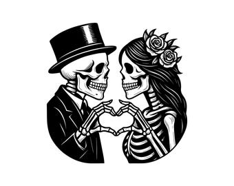 Ilustración vectorial de pareja de esqueletos, esqueleto SVG, PNG, JPG, arte y clipart de esqueletos, silueta de esqueleto, esqueleto gótico, esqueleto romántico