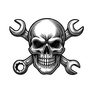 May include: Black and white illustration of a skull with crossed wrenches. The skull is detailed with shading, and the wrenches are positioned behind the skull, creating a mechanic or biker theme.