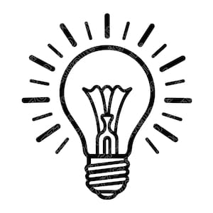 May include: A black and white illustration of a lightbulb with radiating lines. The lightbulb is depicted with a filament inside and a screw base, symbolizing an idea or innovation. The design is simple and graphic.