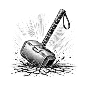 Ilustración vectorial del martillo de Thor, Mjolnir, golpeando el suelo. Disponible en formato SVG y PNG. Incluye imágenes prediseñadas y arte. Silueta del martillo nórdico.