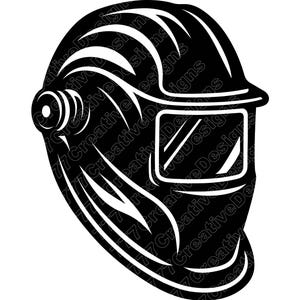 May include: Black and white illustration of a welding helmet. The helmet features a protective visor, ear protection, and a curved design. The text "77 Creative Designs" is repeated around the helmet.