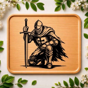 May include: A rectangular light-coloured wooden serving tray featuring a black graphic illustration of a knight in armour kneeling while holding a long sword upright. The knight wears a helmet and a cape, with a cross emblem visible on the chest plate.