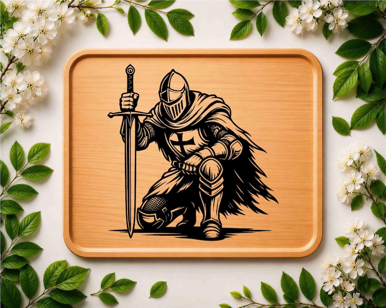 May include: A rectangular light-coloured wooden serving tray featuring a black graphic illustration of a knight in armour kneeling while holding a long sword upright. The knight wears a helmet and a cape, with a cross emblem visible on the chest plate.
