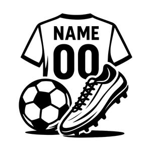 May include: A black and white graphic illustration featuring a short-sleeved jersey with the word NAME and the number 00 printed on the back, positioned behind a soccer ball and a single soccer cleat with visible studs on the sole.
