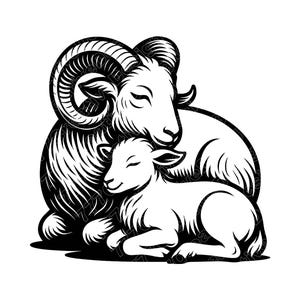 Può includere: Illustrazione in bianco e nero di un ariete e di un agnello. L'ariete, con le sue grandi corna ricurve, è posizionato dietro l'agnello, che è sdraiato. Entrambi gli animali hanno gli occhi chiusi, suggerendo serenità.