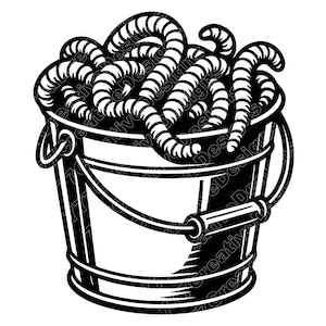 May include: A black and white illustration of a bucket overflowing with rope. The bucket has a handle and a curved carrying handle. The rope is coiled and fills the bucket. A simple graphic design.