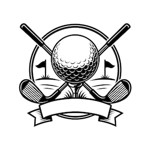 May include: A black and white graphic illustration featuring a golf ball resting on a tee, centered in front of two crossed golf clubs. The design is enclosed within a circular frame with small flag icons and a blank banner at the bottom.