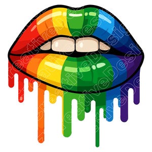 以下が含まれることがあります： 虹色の配色で描かれた、光沢のある唇の鮮やかなイラスト。唇の各部分は虹の異なる色を表しています。唇の下部は滴るような効果があり、色が流れ落ちています。