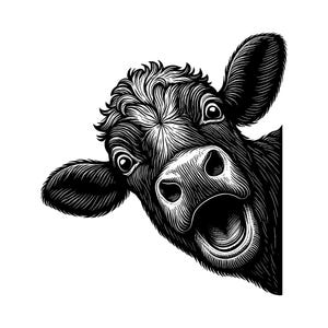 以下が含まれることがあります： 横から顔を覗かせている牛の頭部を描いた白黒のグラフィックイラスト。牛は毛並みのような質感で、緻密な線画で表現されており、大きく見開いた目と開いた口が特徴的な、コントラストの強い芸術的な画像となっています。