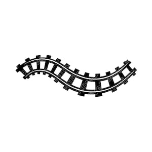 May include: A black and white illustration of a curved section of railroad tracks. The tracks are composed of parallel rails connected by evenly spaced cross ties, creating a visual representation of a railway or transportation theme.