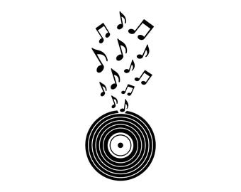 May include: A black and white graphic illustration of a vinyl record positioned at the bottom center, with various black musical notes floating upwards from the center of the record, creating a dynamic visual representation of music playing.
