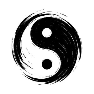 Puede incluir: Un símbolo yin yang circular representado en un estilo de pincelada en blanco y negro. El diseño presenta un efecto de tinta texturizado y giratorio con una forma de gota negra sólida que contiene un punto blanco y una gota blanca con un punto negro.