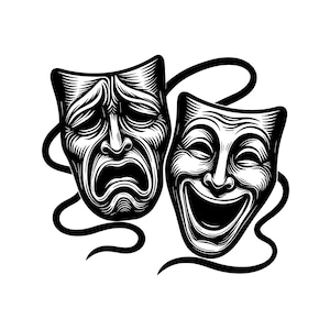 Vectorillustratie van maskers voor komedie en tragedie, komisch masker in SVG, PNG, JPG-formaat, theaterkunst, drama-clipart, maskersilhouetten, acteermaskers, toneelmaskers