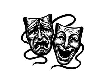 Comedy Tragedy Masks Vector Illustration, Comedy Mask SVG, PNG, JPG, Theater Art, Drama Clipart, Masks Silhouette, Acting Masks, Stage Masks