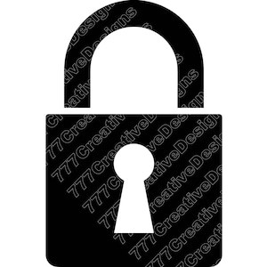 May include: A black padlock silhouette with a white keyhole and a curved top. The design is simple and bold, suitable for various applications. The text "777CreativeDesigns" is repeated diagonally across the padlock.