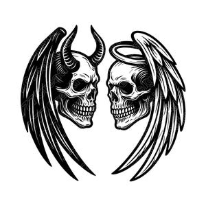 Puede incluir: Ilustración en blanco y negro de dos calaveras enfrentadas. Una calavera tiene cuernos y alas, la otra tiene un halo y alas. La imagen es un diseño gráfico con temática gótica.