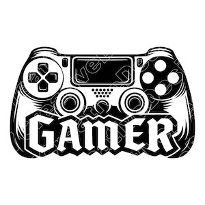 Puede incluir: Gráfico en blanco y negro de un mando de videojuegos con la palabra "GAMER" en letras negritas y estilizadas en la parte inferior. El mando presenta botones, cruceta y joysticks.