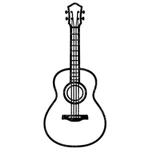 May include: Acoustic guitar illustration in black and white. The guitar features a rounded body, a long neck with frets, and a sound hole in the center. The headstock has tuning pegs. The design is simple and elegant, suitable for music-themed products.