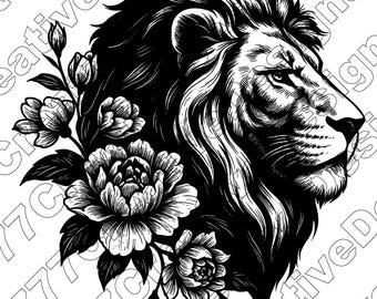 Lion Floral Vector Illustration, Lion Svg, Lion Png, Lion Art, Lion Clipart, Lion Flowers Design, Lion Silhouette, Wild Lion, Majestic Lion