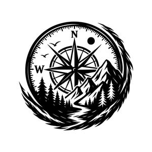 May include: A circular black and white graphic illustration featuring a compass rose with N and W markings, a mountain range, a forest of pine trees, a winding path, two birds in flight, and a small circular sun or moon set against a stylized border.
