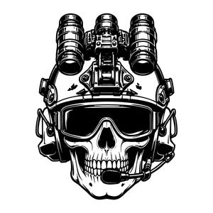 May include: A black and white graphic illustration of a human skull wearing a tactical helmet equipped with night vision goggles, protective eyewear, and a communication headset with a boom microphone extending across the lower jaw area.