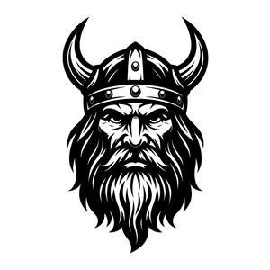 Pode incluir: Uma ilustração gráfica a preto e branco de uma cabeça de guerreiro viking. A figura apresenta uma barba proeminente, uma expressão facial severa e um capacete com chifres adornado com tachas circulares na banda, em estilo de tinta.