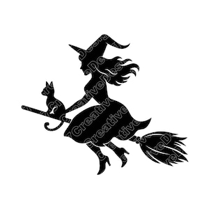 May include: Black silhouette of a witch flying on a broomstick with a black cat. The witch wears a pointed hat and a flowing dress. The broom has a detailed brush end, and the cat sits upright.