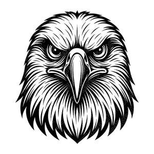 May include: A detailed black and white illustration of an eagle's head. The eagle's face is depicted in a front-facing view, showcasing sharp details of its feathers, beak, and intense gaze. The design is bold and graphic.