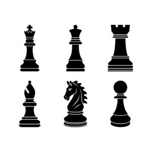 May include: A set of six black chess piece silhouettes arranged in two rows. The top row features a king, queen, and rook. The bottom row displays a bishop, a knight shaped like a horse head, and a pawn. Each piece is solid black with clear outlines.