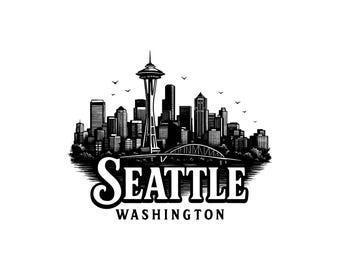 Seattle Washington Skyline Vektorillustration, Seattle SVG, Seattle PNG, JPG, Skylinekonst, Stadsclipart, Skylinesilhuett, Space Needle