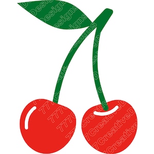 May include: A graphic illustration of two red cherries with green stems and a green leaf. The cherries have a white highlight and the text "777 Creative Designs" is printed on the cherries.