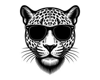 May include: A black and white graphic illustration of a leopard head facing forward. The leopard is wearing dark, solid black sunglasses that cover its eyes. The design features detailed fur textures, distinct spots, and long whiskers.