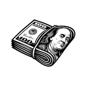 Puede incluir: Una ilustración gráfica en blanco y negro de un fajo de billetes de cien dólares doblados y asegurados con una banda. El diseño presenta el retrato de Benjamin Franklin y el texto Franklin y 100 claramente visible en la moneda.