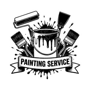 Puede incluir: Ilustración en blanco y negro de herramientas de pintura. Un cubo de pintura con goteo está rodeado por un rodillo de pintura, dos pinceles y una espátula. Las palabras "PAINTING SERVICE" están en una pancarta.