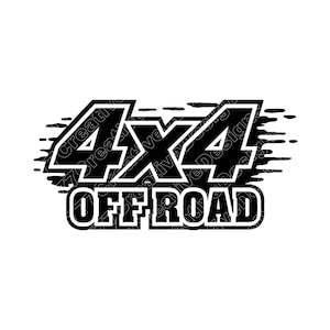 Op de afbeelding: Zwart-wit grafisch ontwerp met de tekst "4x4 OFF ROAD". Het ontwerp heeft dikke, omrande letters met een bewegingseffect. Ideaal voor terreinwagens en outdoor activiteiten, dit ontwerp is duidelijk en opvallend.