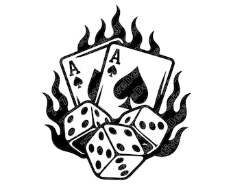 Flaming Dice and Cards Vector Illustration, Dice SVG, Dice PNG, JPG, Dice Art, Cards Clipart, Casino Silhouette, Poker Dice, Lucky Flames