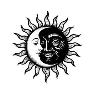 May include: A black and white graphic illustration featuring a sun and moon combined into a single celestial face. The design displays a sun with radiating wavy rays and a crescent moon profile integrated into the center, both with human facial features.