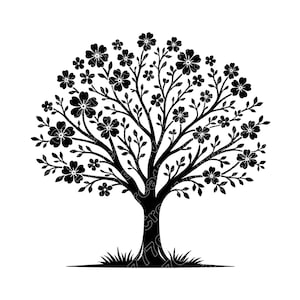 May include: A black silhouette of a flowering tree with a rounded crown. The tree features a thick trunk, branches, leaves, and numerous flowers. The tree is set against a white background, with grass at the base.