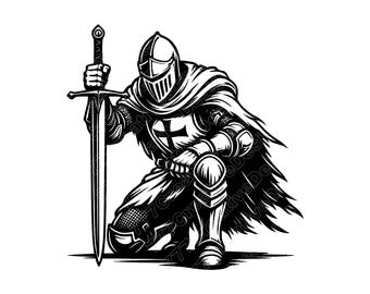 Kneeling Knight Vector Illustration, Knight SVG, Knight PNG, JPG, Praying Knight Clipart, Knight Silhouette, Medieval Knight, Warrior Knight