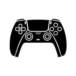 May include: A black and white graphic illustration of a video game controller. The design features a central touchpad, two analogue sticks, a directional pad on the left, and four circular action buttons on the right, all outlined in white.