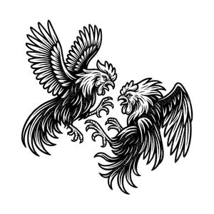 Puede incluir: Ilustración en blanco y negro de dos gallos en posición de pelea. Los gallos se enfrentan, con las alas extendidas y las garras extendidas. Diseño gráfico detallado.