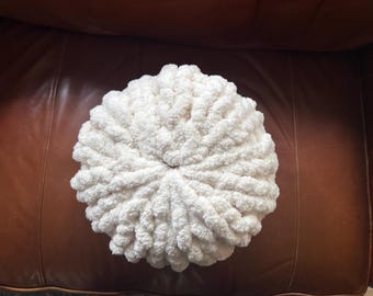 Throw pillow, hand knitted, chenille bulky yarn, round and square.