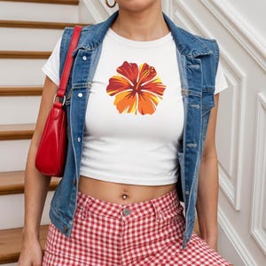 Hibiscus Flower Baby Tee, Pink Fitted Tee, Y2K 90s Summer Shirt, Perfect Gift for Friends, Cute Lily Graphic Tee Baby Tee Y2K, Beachy Baby