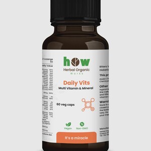 May include: A brown bottle of "Daily Vits" multi-vitamin and mineral supplements. The label includes the brand name "how Herbal Organic Works", and the text "60 veg caps". The bottle has a black cap and an orange label that says "It's a miracle".