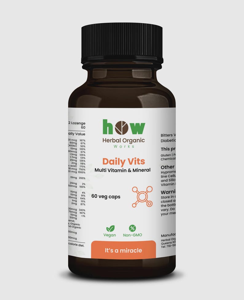 May include: A brown bottle of "Daily Vits" multi-vitamin and mineral supplements. The label includes the brand name "how Herbal Organic Works", and the text "60 veg caps". The bottle has a black cap and an orange label that says "It's a miracle".