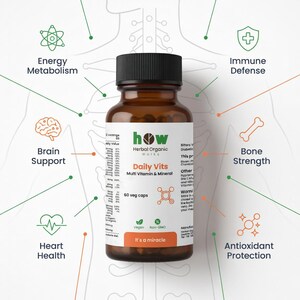 May include: A brown glass bottle of "Daily Vits" multi-vitamin and mineral supplements. The label includes text about the product's benefits, such as brain support, heart health, and immune defense. The bottle has a black cap and is surrounded by graphics.