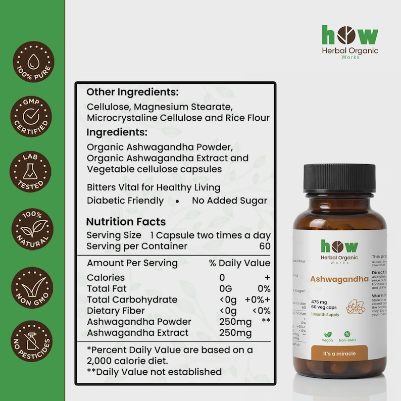 Organische ashwagandha-capsules 475 mg – veganistisch niet-ggo-kruidensupplement (60 capsules) afbeelding 7